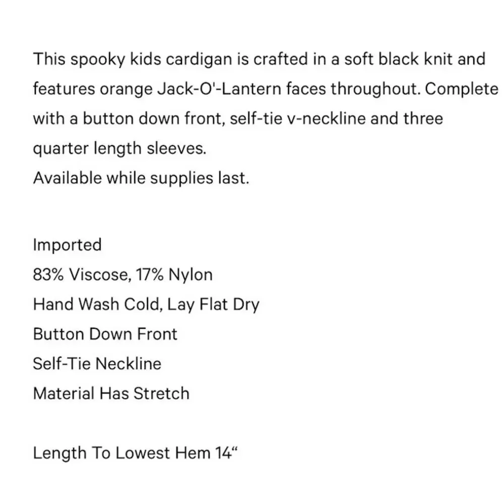 Unique Vintage Black Jack O Lantern Pumpkin Kids Crop Cardigan One Size NWOT